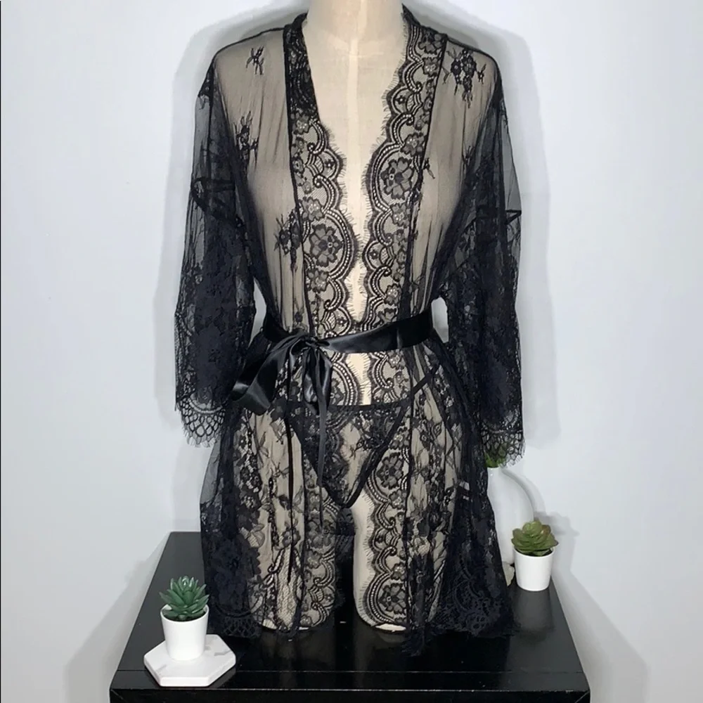 Black Lace Lingerie Robe And Thong Set With Satiny Belt - Picture 12 of 16